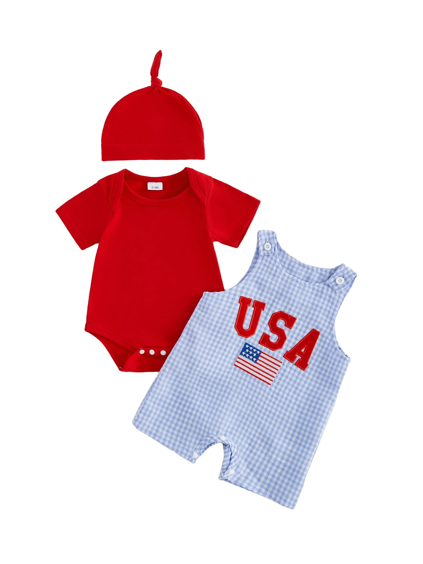 Toddler Boys 4th of July Clothing Set Short Sleeve Romper Plaid Overalls Hat Independence Day Outfit 3 Piece Suit