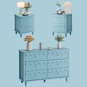 Bedroom Set 2 PCS 6 Drawer Dresser and Night Stand Sets for Bedroom, Two Drawers Nightstand & Scalloped 6 Drawer Dresser Combo