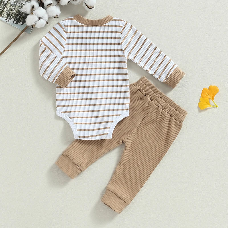2023-06-29 Lioraitiin 0-24M Infant Baby Boy 2Pcs Fall Outfits Long Sleeve Striped Print Romper Pants Set Infant Warm Clothes