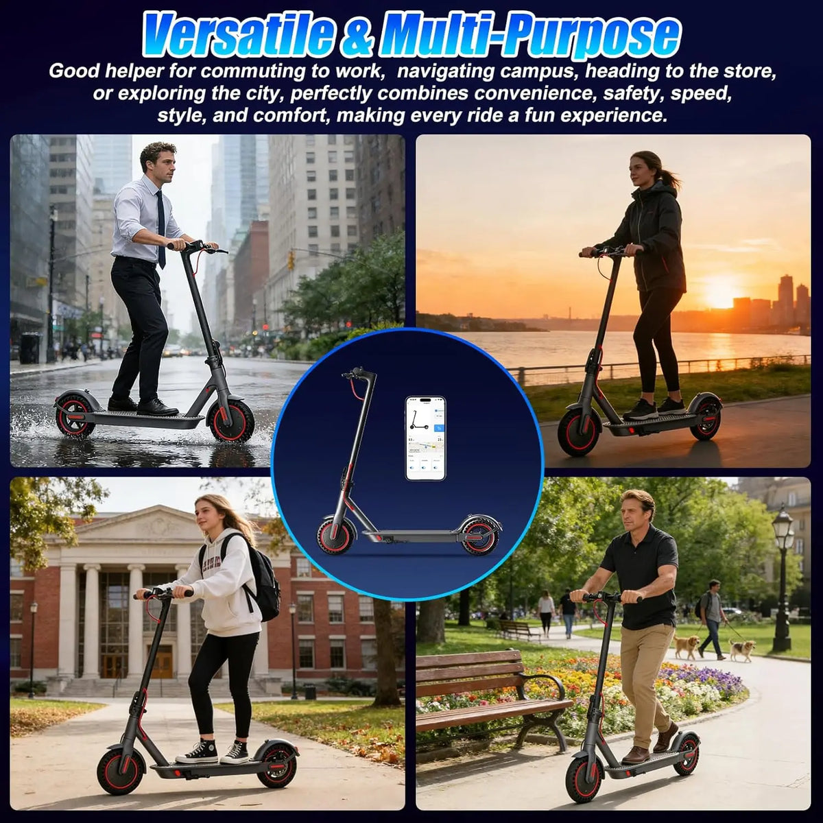 Electric Scooter with App for Adults 350W Motor 36V 5.2Ah Battery Up to 19 Miles Range Foldable E Scooter Solid Tire 8.5''