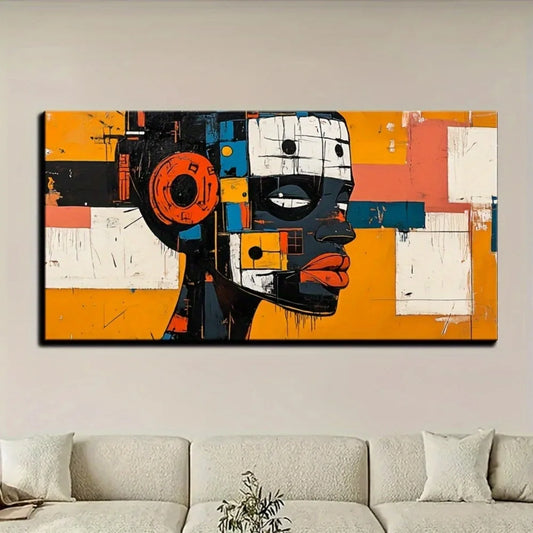 An abstract painting depicting a robot wearing an African mask with a 1.5-inch thick pine solid wood frame