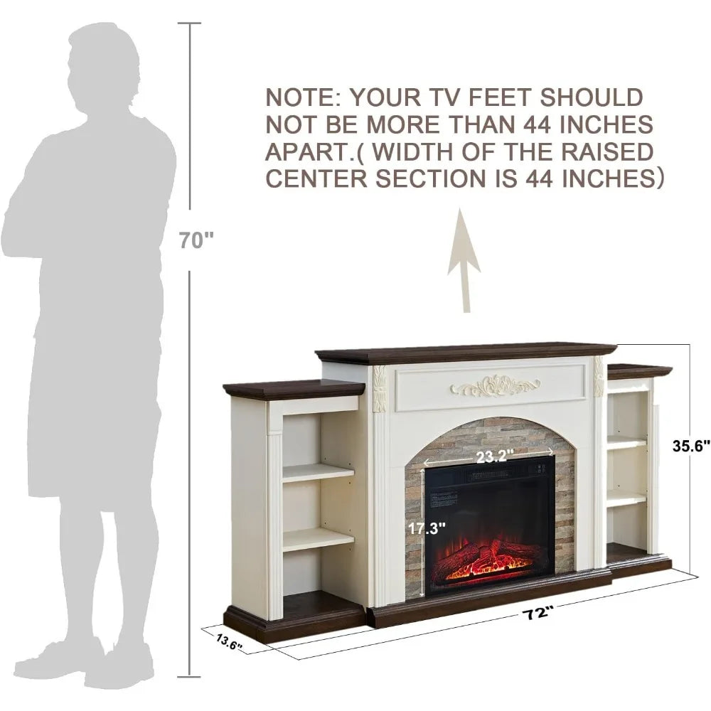 Electric Fireplace with Mantel, White TV Stand for TVs Up to 80 Inch, Farmhouse Entertainment Center with Storage for Bedroom
