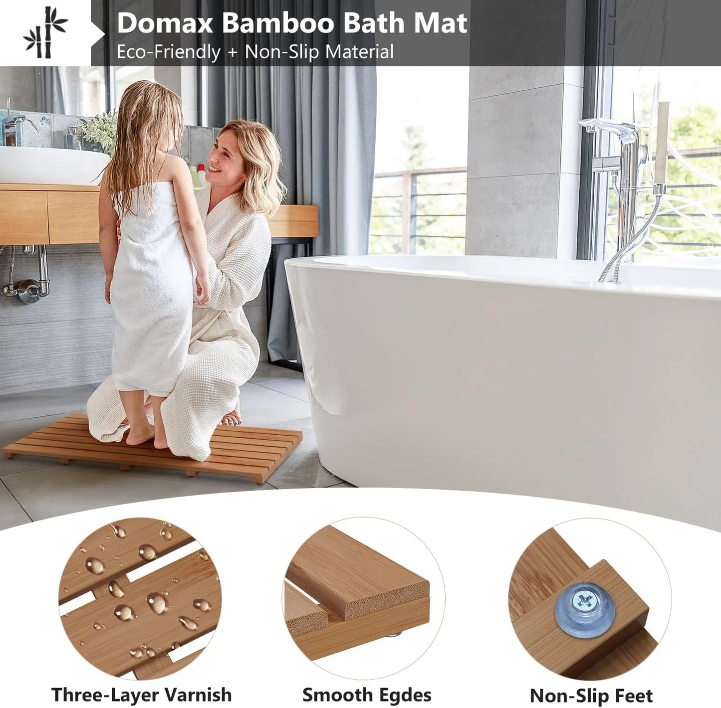 Non-Slip Waterproof Wooden Bamboo Bath Shower Mat for Indoor Outdoor Use, Walnut Color, 31.3x18.1x1.5 Inches