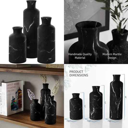 Black Marble Look Vase Set - Vases Home Decor, Premium Quality for Holding Pampas Grass, Dried/Fresh Flowers, Vases for Decor -