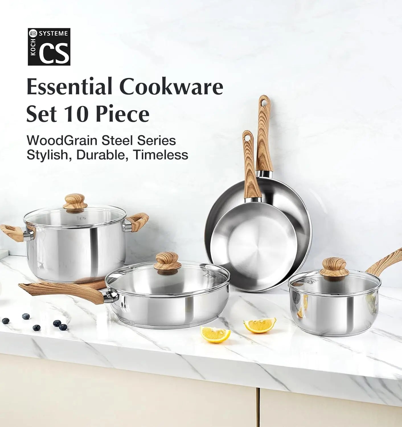 Stainless Steel Coowkare Set 10PCS, Professional 18/10 Stainless Steel Pots and Pans Set with Cool-Touch Handles