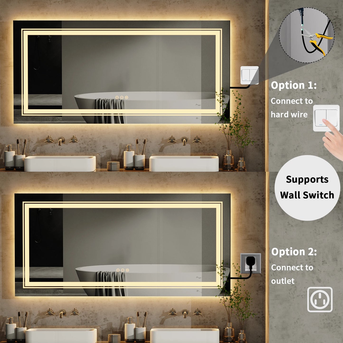 48"X24" LED Bathroom Mirror with Lights, Anti-Fog, Dimmable, Backlit + Front Lit, Lighted Bathroom Vanity Mirror Memory