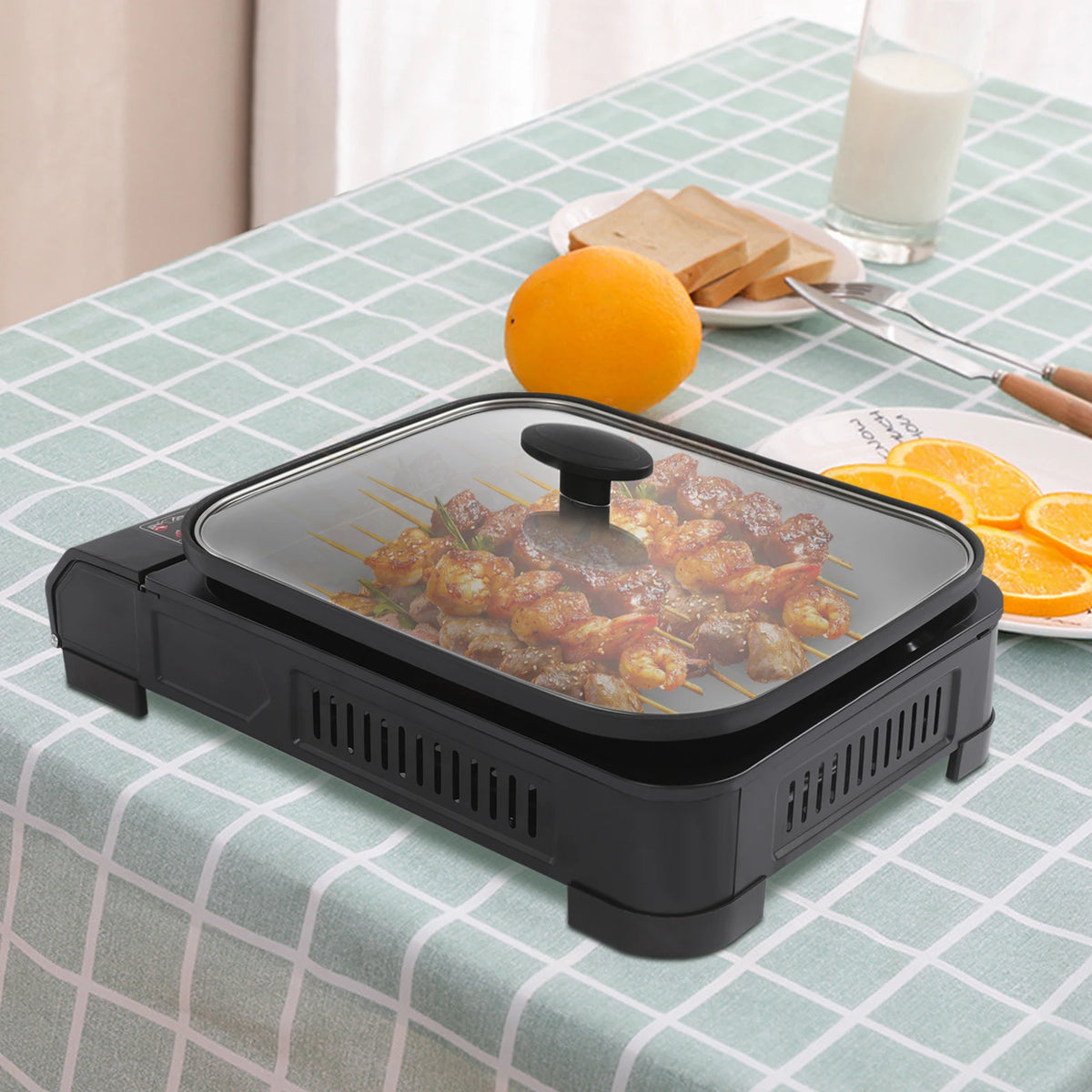 Portable Butane Gas Grill Stove Outdoor Camping Picnic BBQ with Non-Stick Grill Pan Tempered Glass Lid for Kitchen Garden Beach