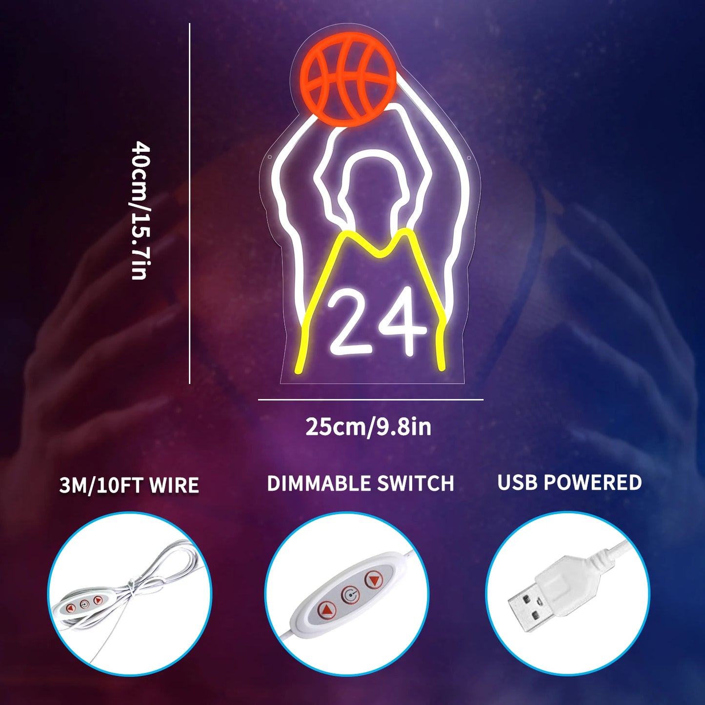 Neon Sign,Dimmable LED Neon Sign for Wall Decoration, Powered by USB Neon Sign, Sports Basketball Sign