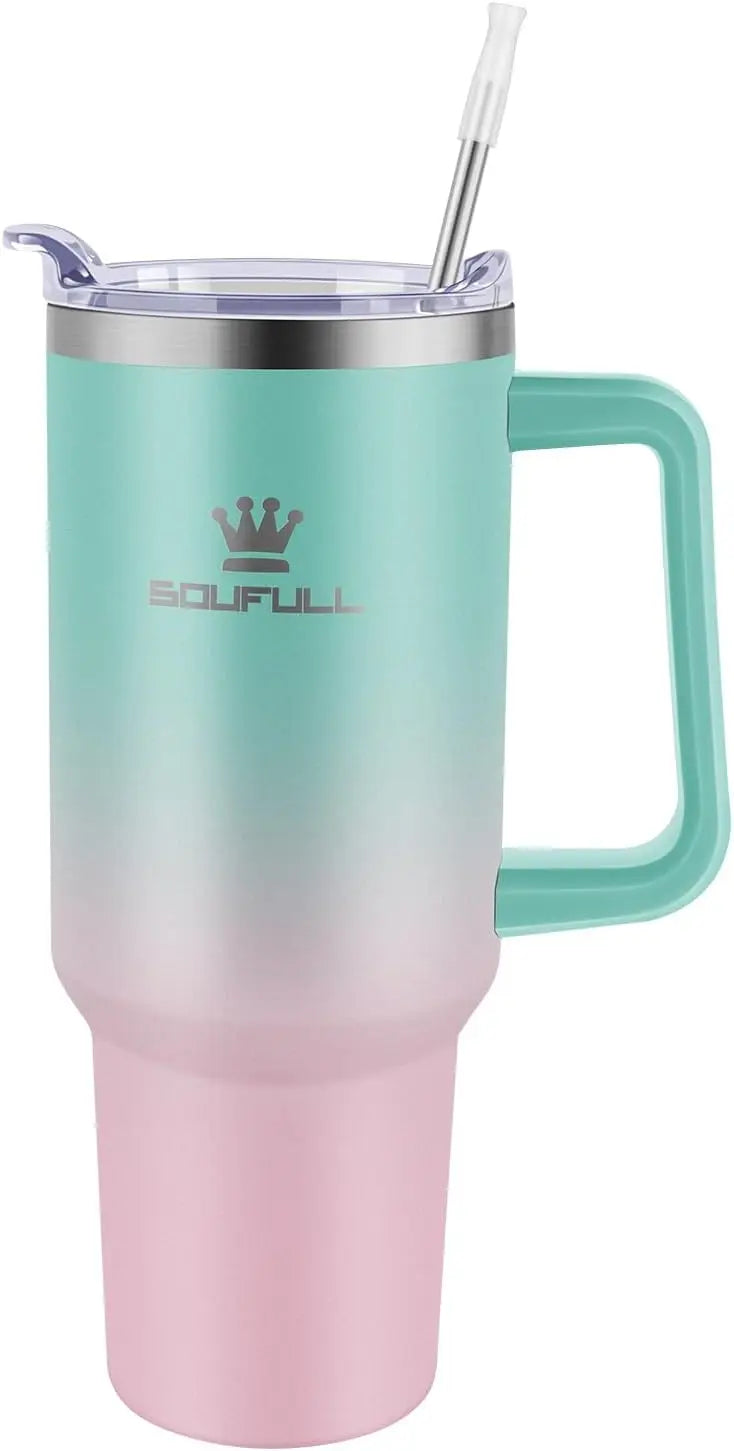 40 oz Tumbler with Handle & Straw Lid, Leak-proof Insulated Travel Mug, Stainless Steel, Keeps Cold 34Hrs or Hot 10Hrs, Dishwasher Safe