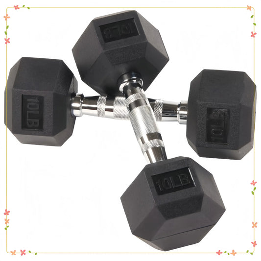 10lb Pair Black Rubber Hex Dumbbells, Non-Roll Weights for Home Gym Strength Training, Fitness & Workout Equipment