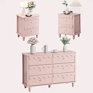 Bedroom Set 2 PCS 6 Drawer Dresser and Night Stand Sets for Bedroom, Two Drawers Nightstand & Scalloped 6 Drawer Dresser Combo