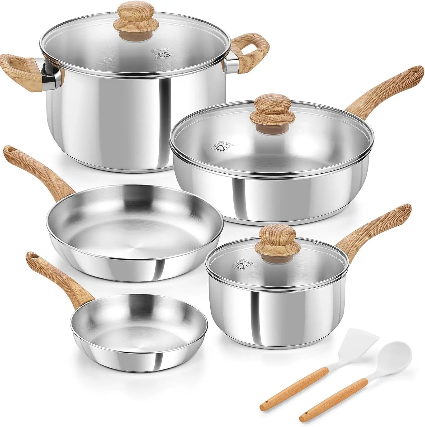Stainless Steel Coowkare Set 10PCS, Professional 18/10 Stainless Steel Pots and Pans Set with Cool-Touch Handles