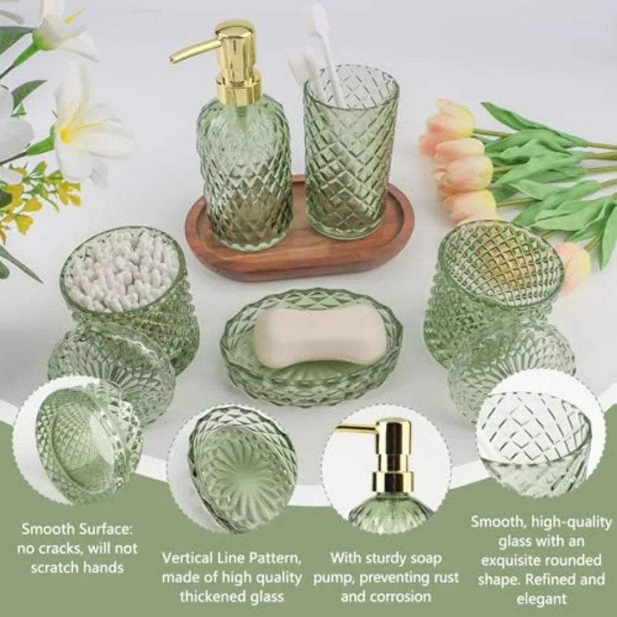 5Pcs Glass Bathroom Accessories Set Green Vintage Bathroom Counter Sink Toothbrush Holder Set with Hand Lotion Soap Dispenser T