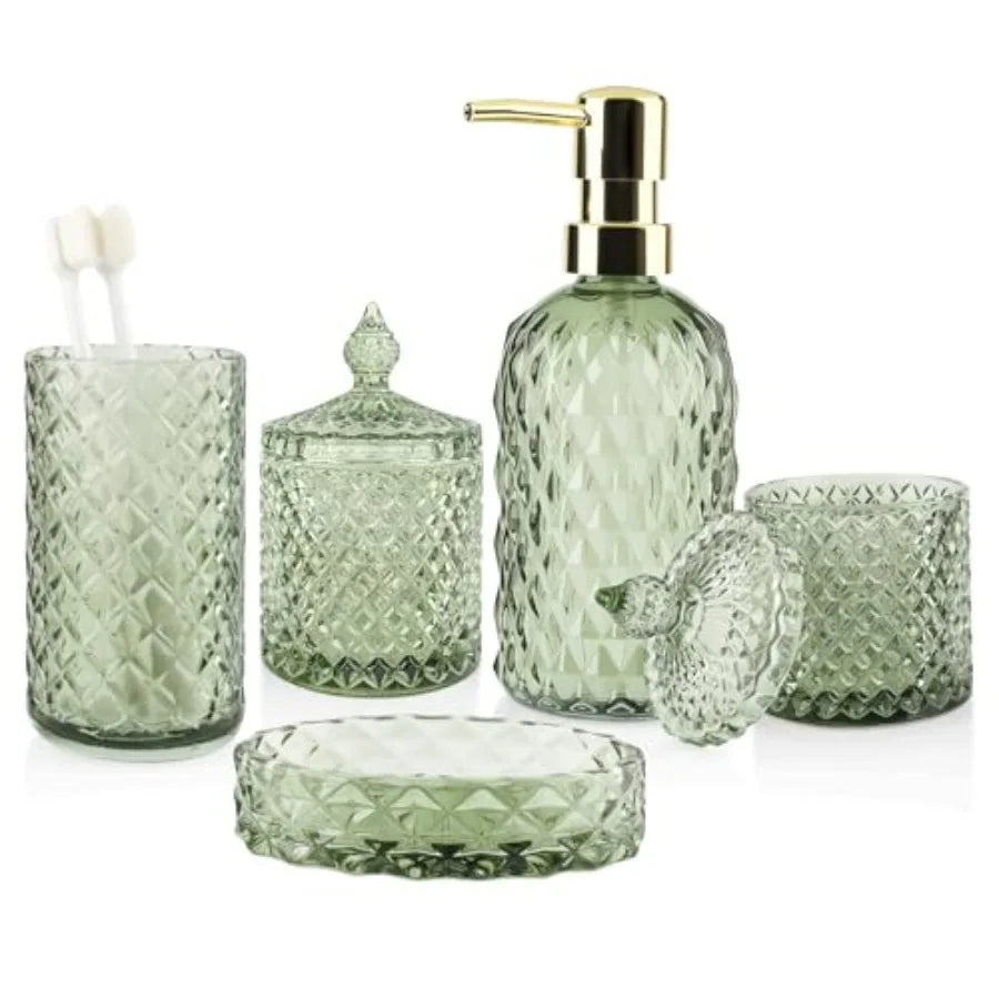 5Pcs Glass Bathroom Accessories Set Green Vintage Bathroom Counter Sink Toothbrush Holder Set with Hand Lotion Soap Dispenser T