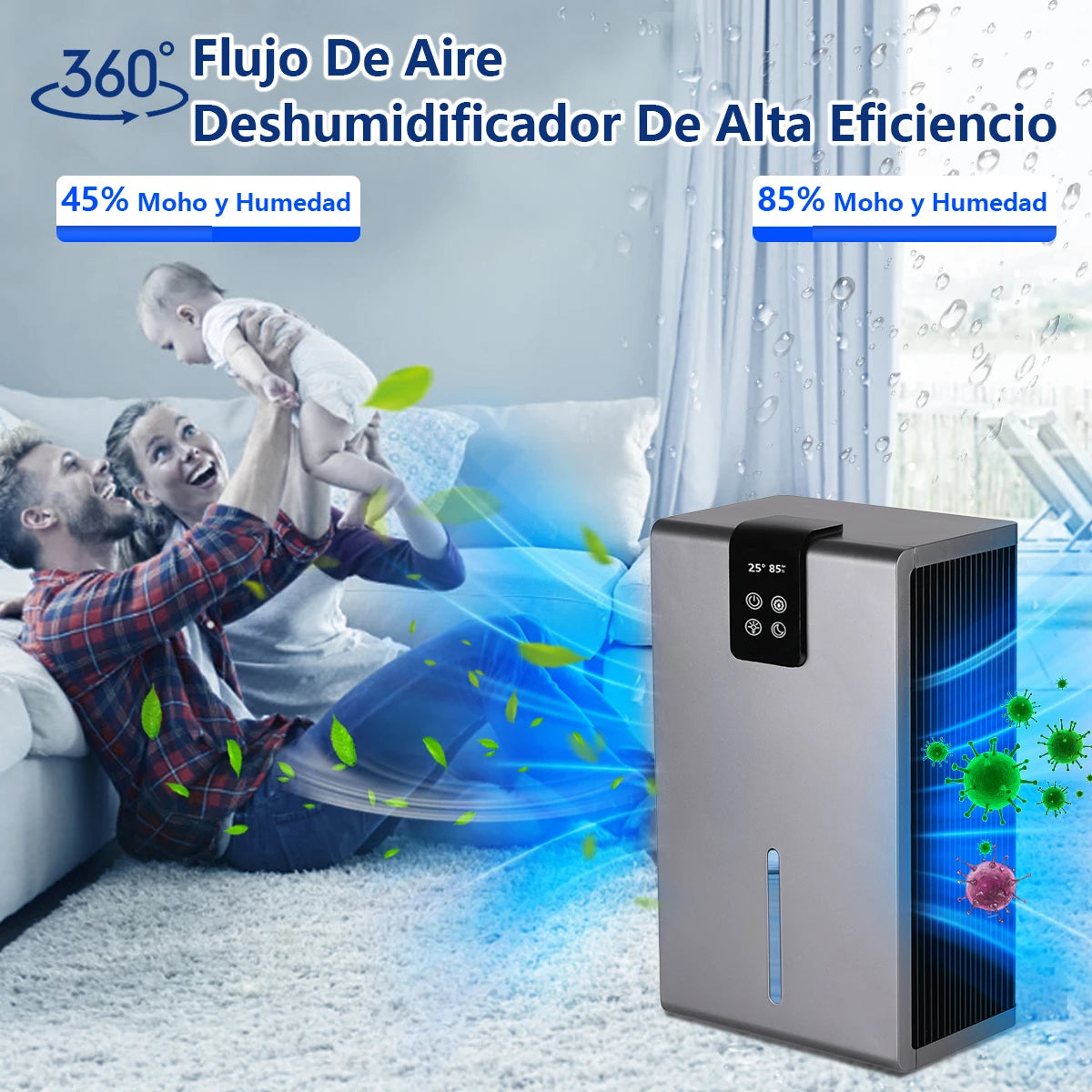 Home dehumidifier, suitable for a 950 sq ft bathroom, silent operation, humidity monitoring, automatic shut-off, and RV-specific.