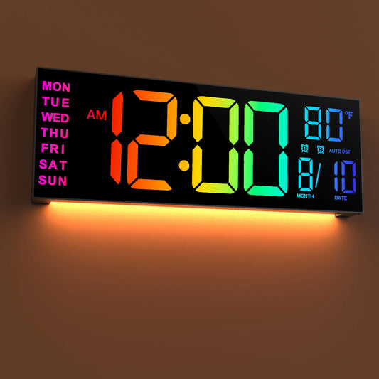 16" B Large Digital Wall Clock, Big LED Display with Remote, 8 RGB Color, Alarm, DST, Temperature for Living Room, Office