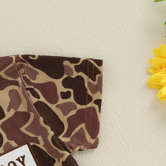 Boys Summer Outfit Set with Short Sleeve Camouflage Top and Drawstring Shorts O Neck Design for Comfort and Style