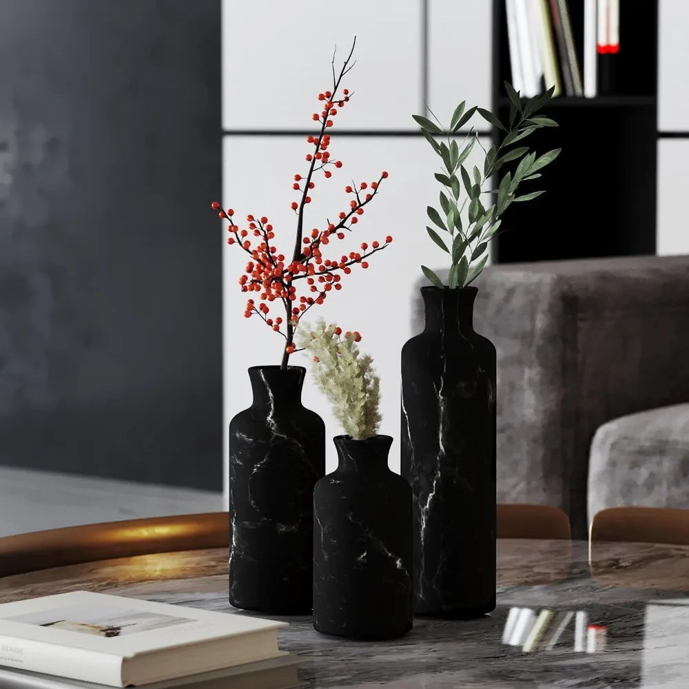 Black Marble Look Vase Set - Vases Home Decor, Premium Quality for Holding Pampas Grass, Dried/Fresh Flowers, Vases for Decor -