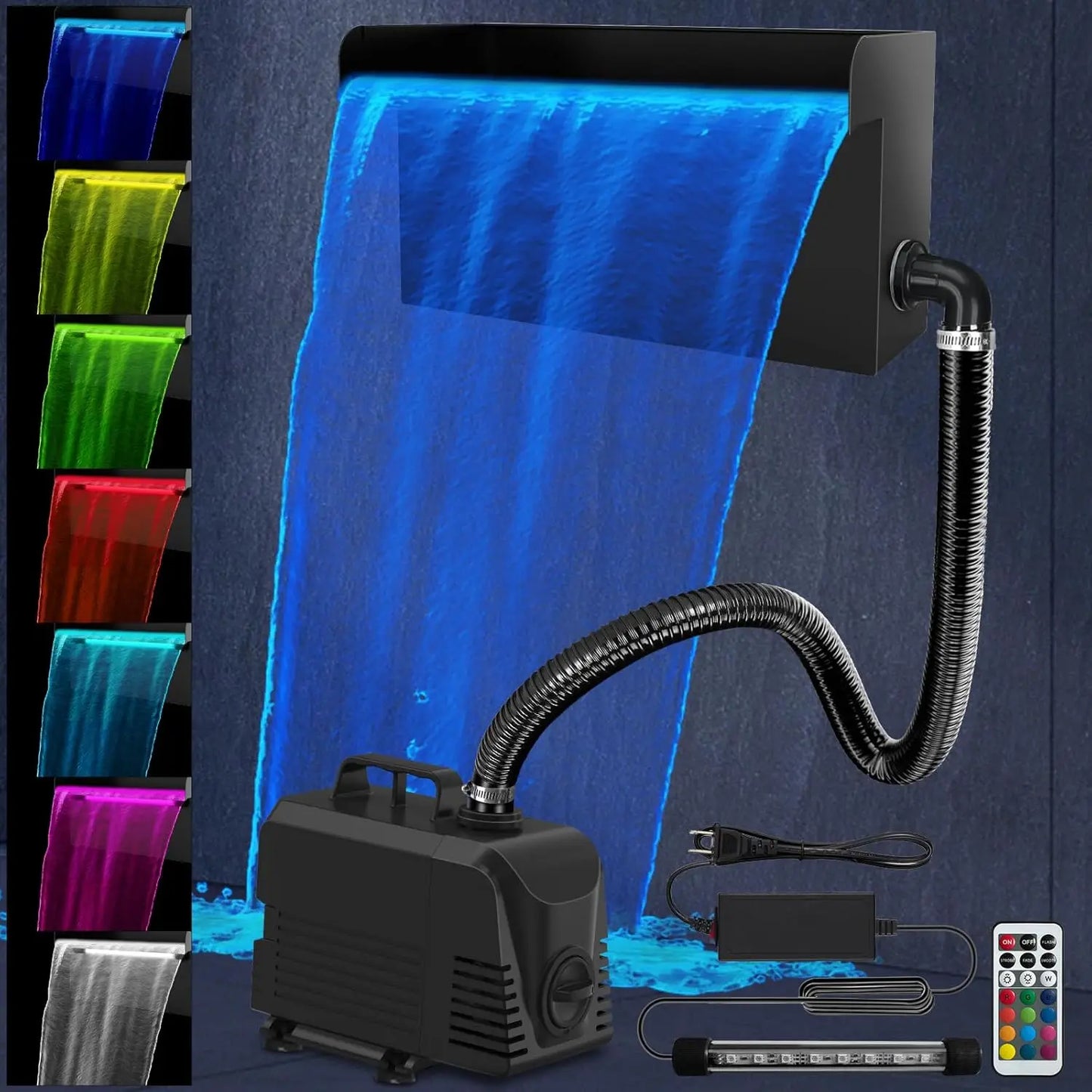 All-in-1 Stainless Steel Pond Waterfall Kit with LED Lights, 660GPH Pump for Garden, Backyard & Pool Decor