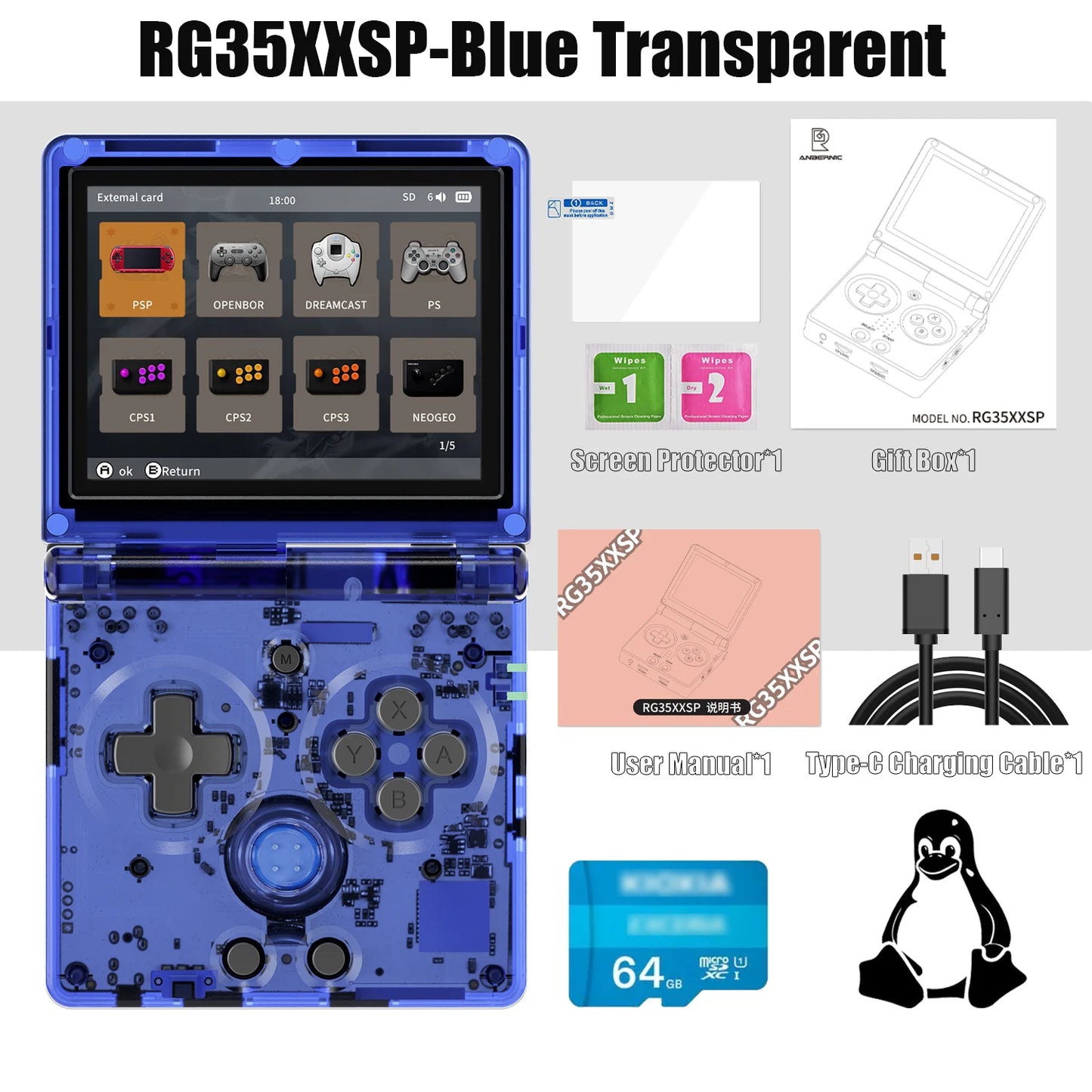 ANBERNIC RG35XXSP Retro Handheld Game Console 3.5-inch IPS Screen 3300mAh Battery Supports HDMI-TV Out and Bluetooth 4.2 5K Game
