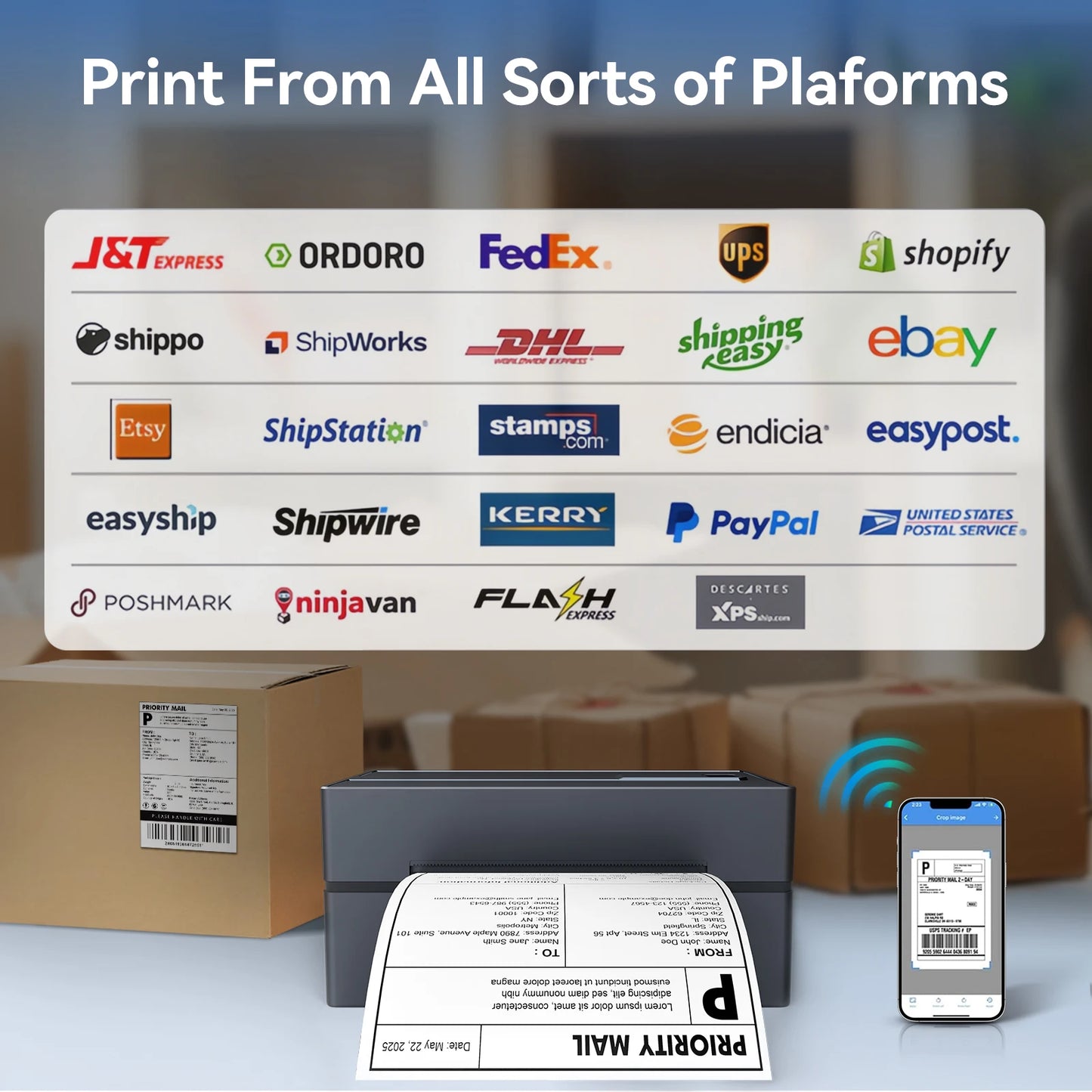 Thermal Label Printer Portable No Ink Required 300DPI 4x6 for Small Business WiFi Bluetooth USB High Speed Express Airway Bill