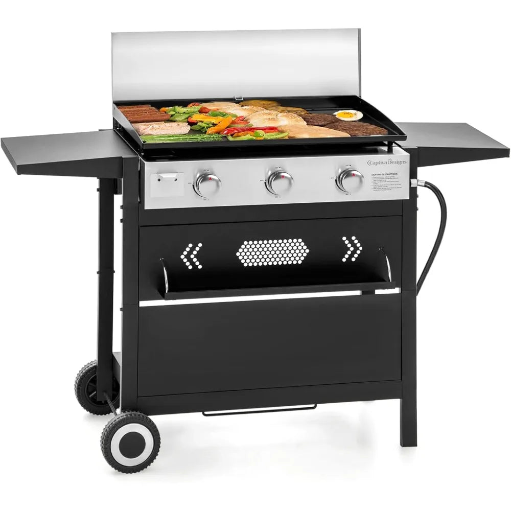 27 inch BBQ Propane Gas Griddle, Freestanding/Tabletop Flat Top Griddle w/Ceramic Coated Cast Iron Pan, 3 Burner Lift-Off Gridd