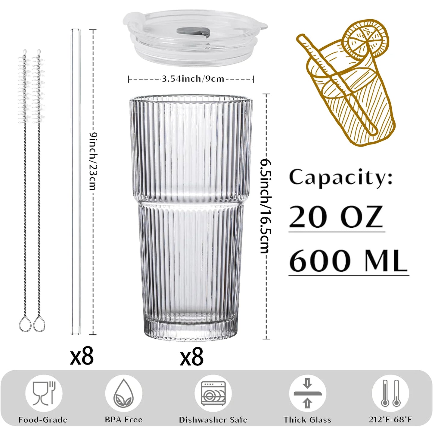 8Pcs 20oz Ribbed Glass Cups With Lids & Glass Straws, Thickened Vintage Tumblers For Coffee, Cocktails And Juices
