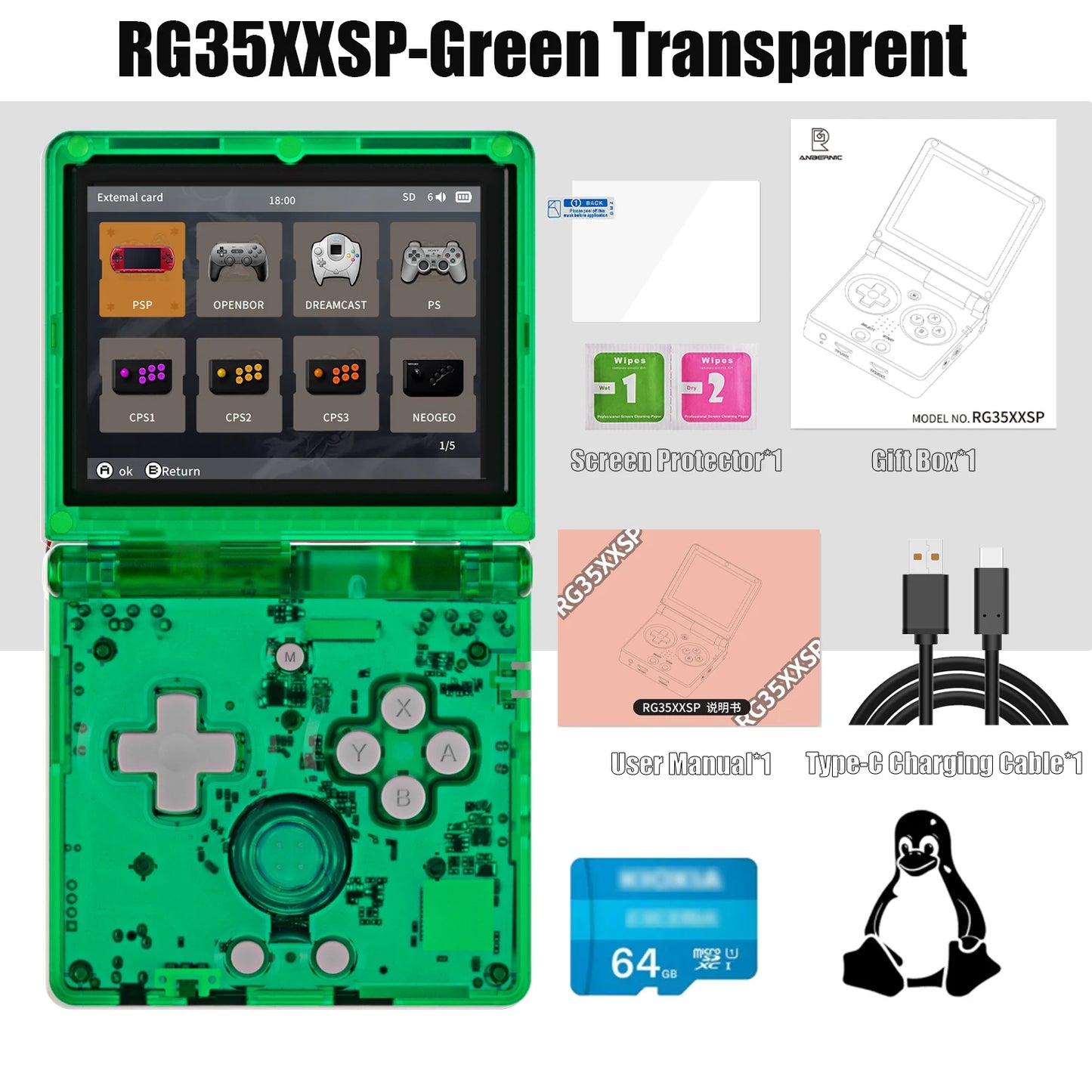 ANBERNIC RG35XXSP Retro Handheld Game Console 3.5-inch IPS Screen 3300mAh Battery Supports HDMI-TV Out and Bluetooth 4.2 5K Game