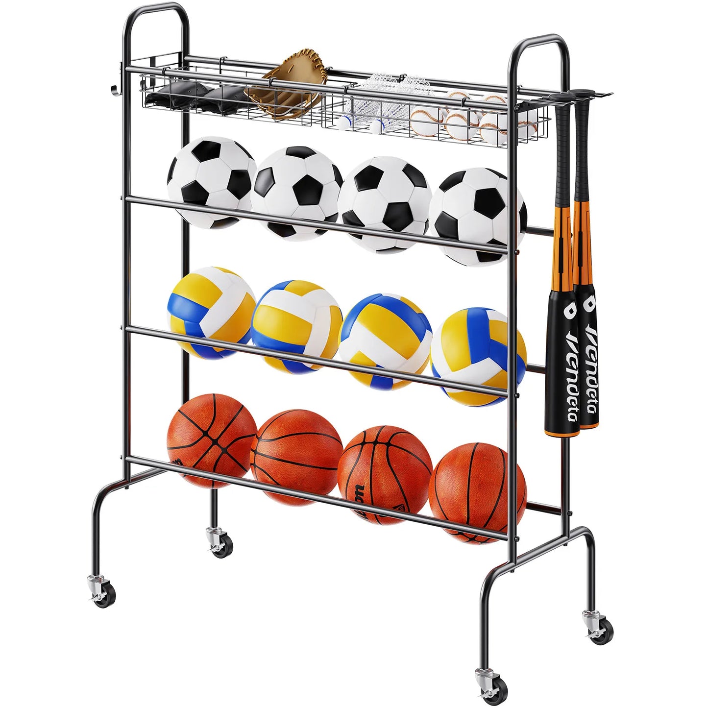 VEVOR 4-Layers Basketball Rack Rolling Basketball Shooting Training Stand with Wheels Sports Equipment Storage Organizer