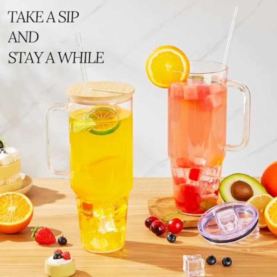 40 oz Glass Cups with Lids and Straws 2 Pack Large Glass Tumbler with Handle Borosilicate Ice Coffee Cups, with Bamboo Lid and