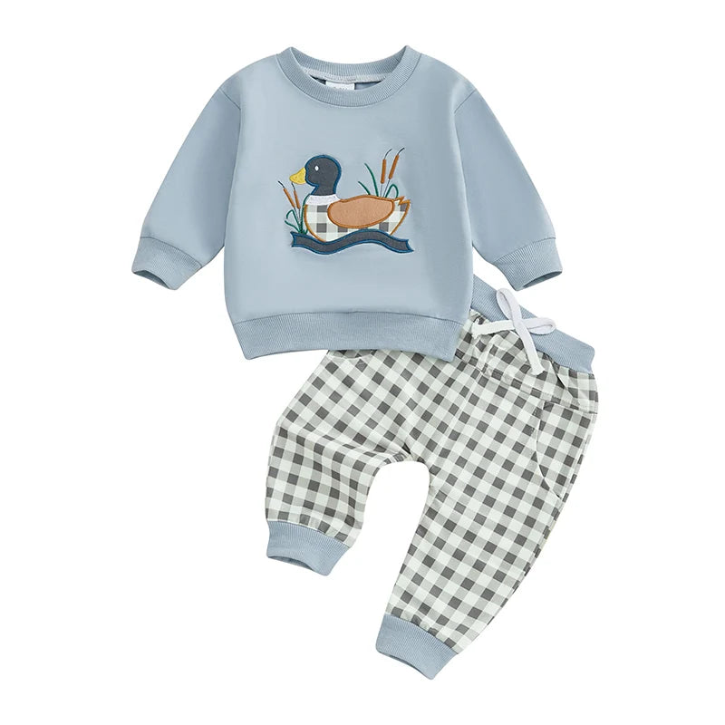 2024-09-13 Lioraitiin Toddler Baby Boy Girl Duck Clothes Long Sleeve Sweatshirt Plaid Elastic Waist Long Pants Outfit