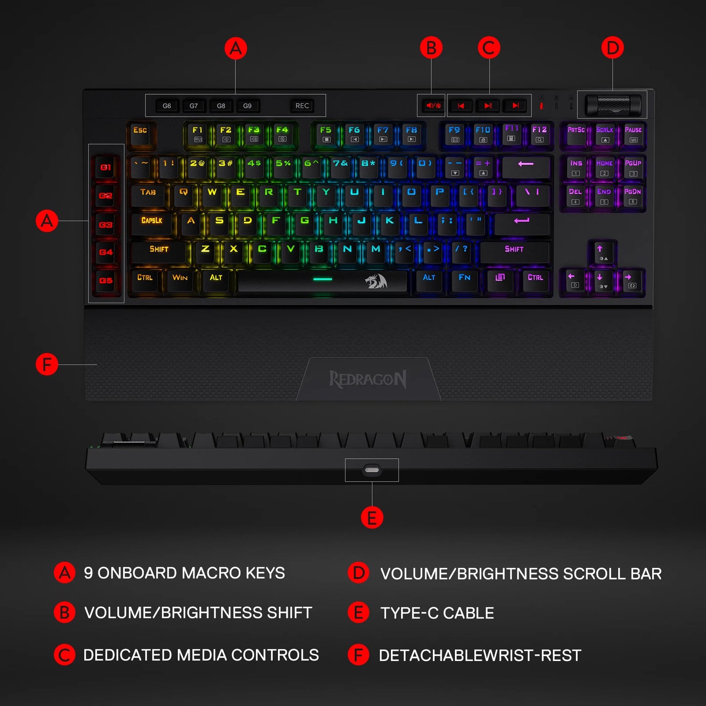 Redragon K596 Wired RGB Mechanical Gaming Keyboard, 87 Keys TKL Compact Keyboard  Wrist Rest, Red Switches