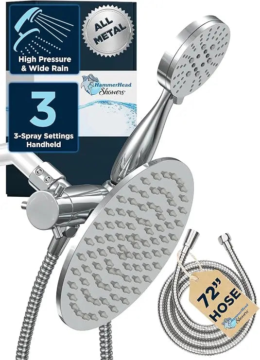 Dual Shower Head System with 8-Inch Rainfall and 3-Function Handheld, Chrome Finish, 2.5 GPM