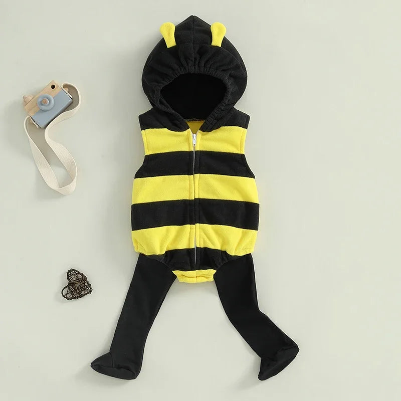 VISgogo 0-24 Months Baby Bee Costume Halloween Party Sleeveless Stripes Hooded Romper Long Socks Newborn Costume Outfit