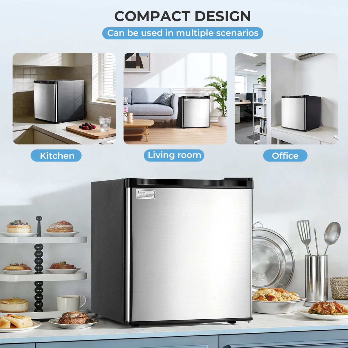Mini Fridge 1.6 Cu.ft, Compact Small Drinks Refrigerator, Energy E, Adjustable Thermostat, Apartment, Bedroom, Stainless Steel
