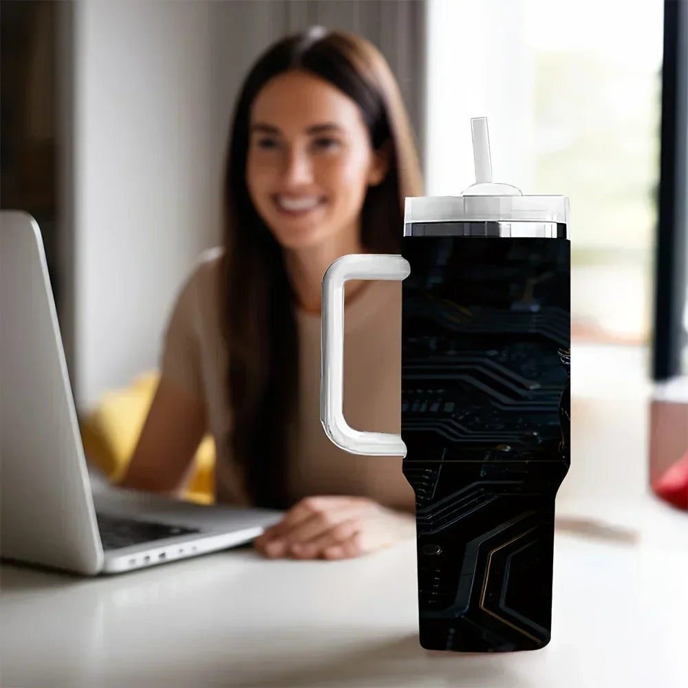 40Oz Insulated Tumbler with Handle, Cool Horned Skull with Blue Lightning Circuit Print, Perfect Holiday Birthday Gift, Suitable for Daily And Outdoor Use