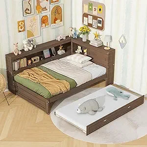 Full Size Daybed with Trundle and Storage Bookcase, L Shaped Daybed with LED Lights & USB Ports, Full Corner Bed Frame with Con