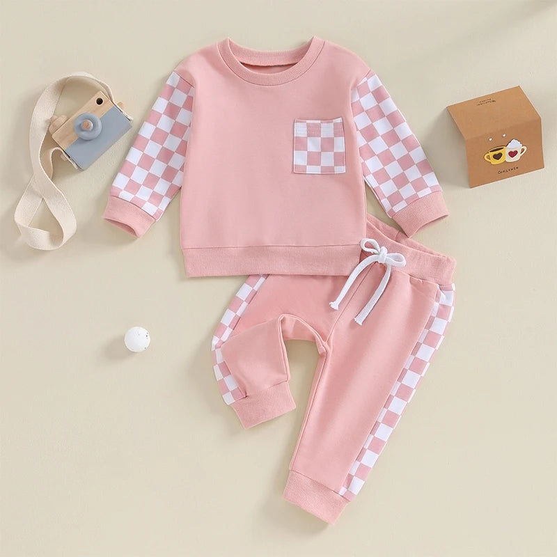 2023-08-17 Lioraitiin Baby Girl Clothes Outfits Long Sleeve Sweatsuit Checkboard Sweatshirt and Pants Toddler Infant Clothing