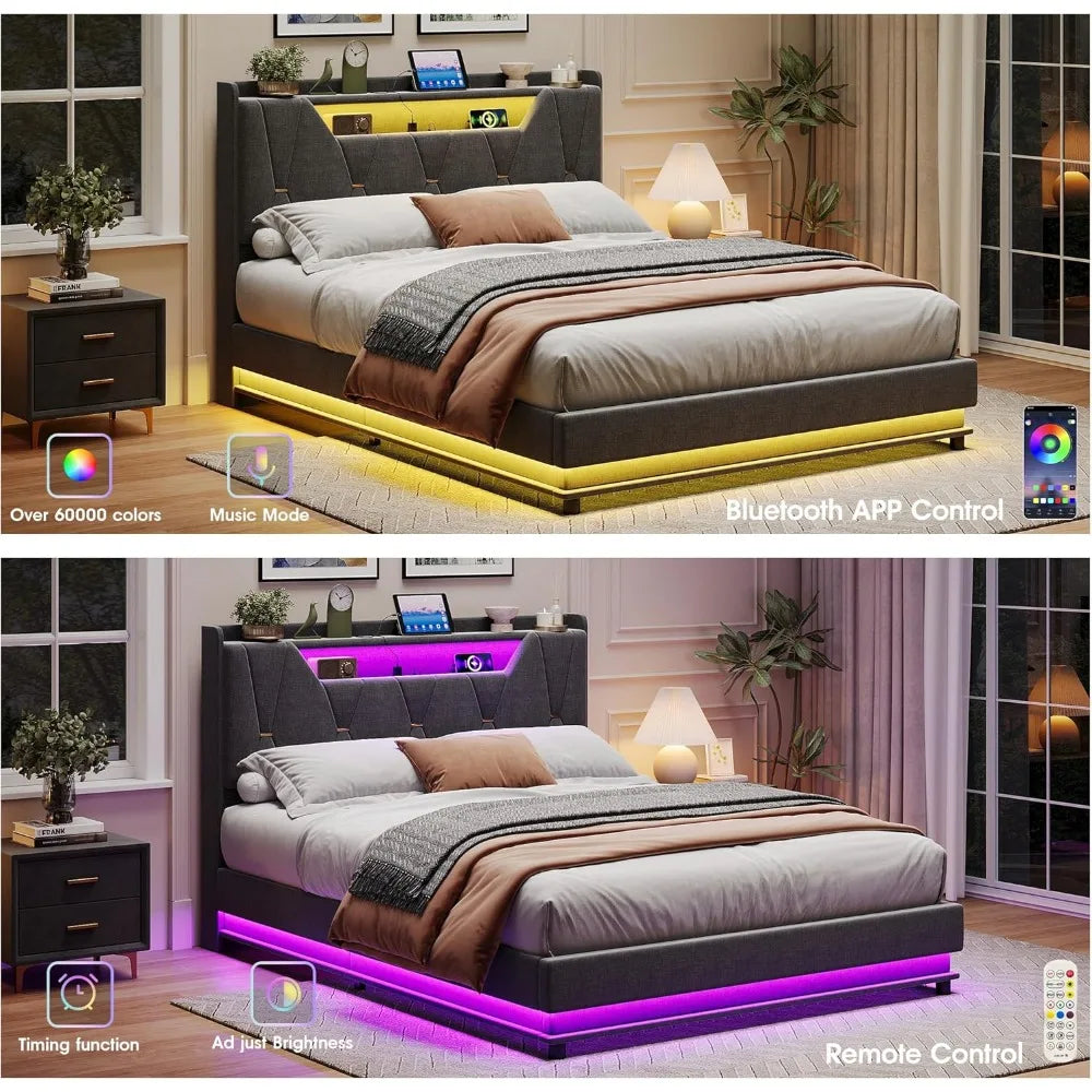 Queen Size Lift Up Storage Bed Frame, Storage Headboard, Charging Station, LED Lights Upholstered Platform Bed, No Box Spring