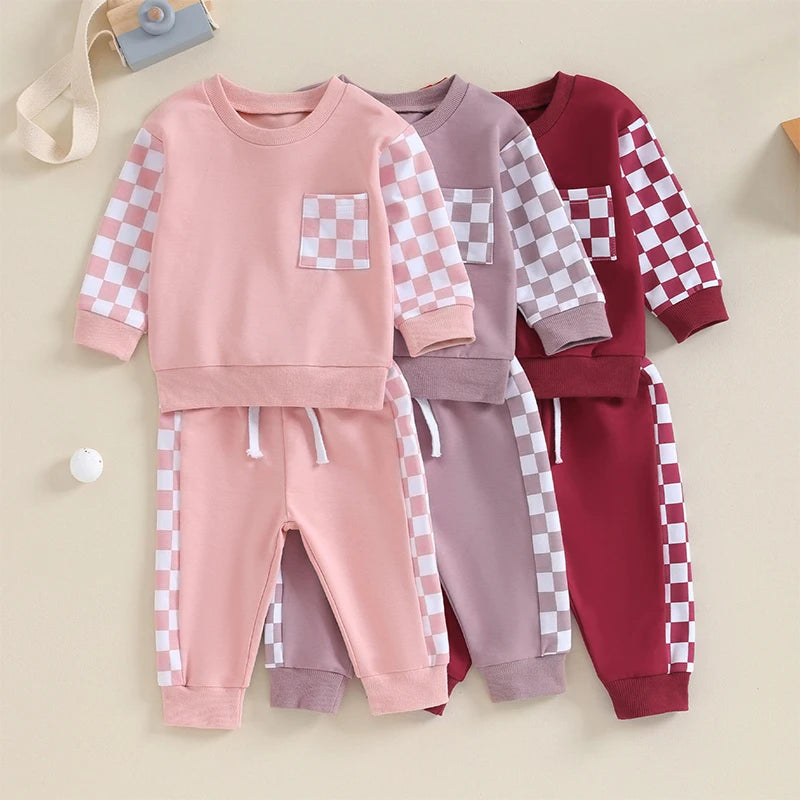 2023-08-17 Lioraitiin Baby Girl Clothes Outfits Long Sleeve Sweatsuit Checkboard Sweatshirt and Pants Toddler Infant Clothing