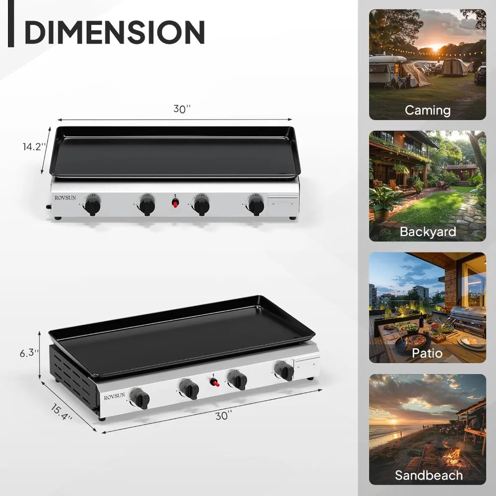 4 Burner Portable Propane Griddle with Nonstick Enameled Tray, 40,000 BTU Tabletop Flat Top Gas Grill with Electronic Ign