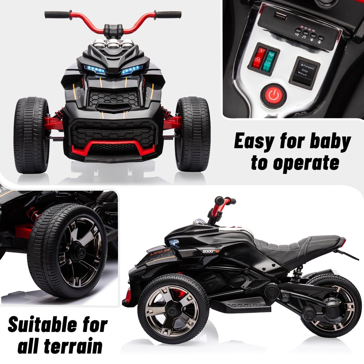 12V Kids Ride-on ATV Motorcycle, 3-Wheeler Electric Toy Car with LED Lights, Music, Horn, USB & Treaded Tires Battery-Powered