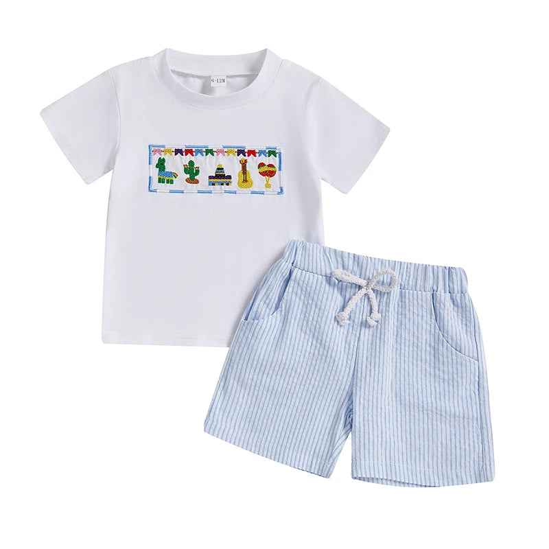 Infant Boy Casual Summer Wear Embroidered Crew Neck Tee with Striped Shorts Set for a Stylish Look