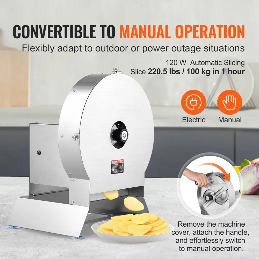 Electric Vegetable Slicer, 0-0.5/0-12mm Thickness Adjustable Commercial Slicer Machine, Convertible to Manual, Stainless S