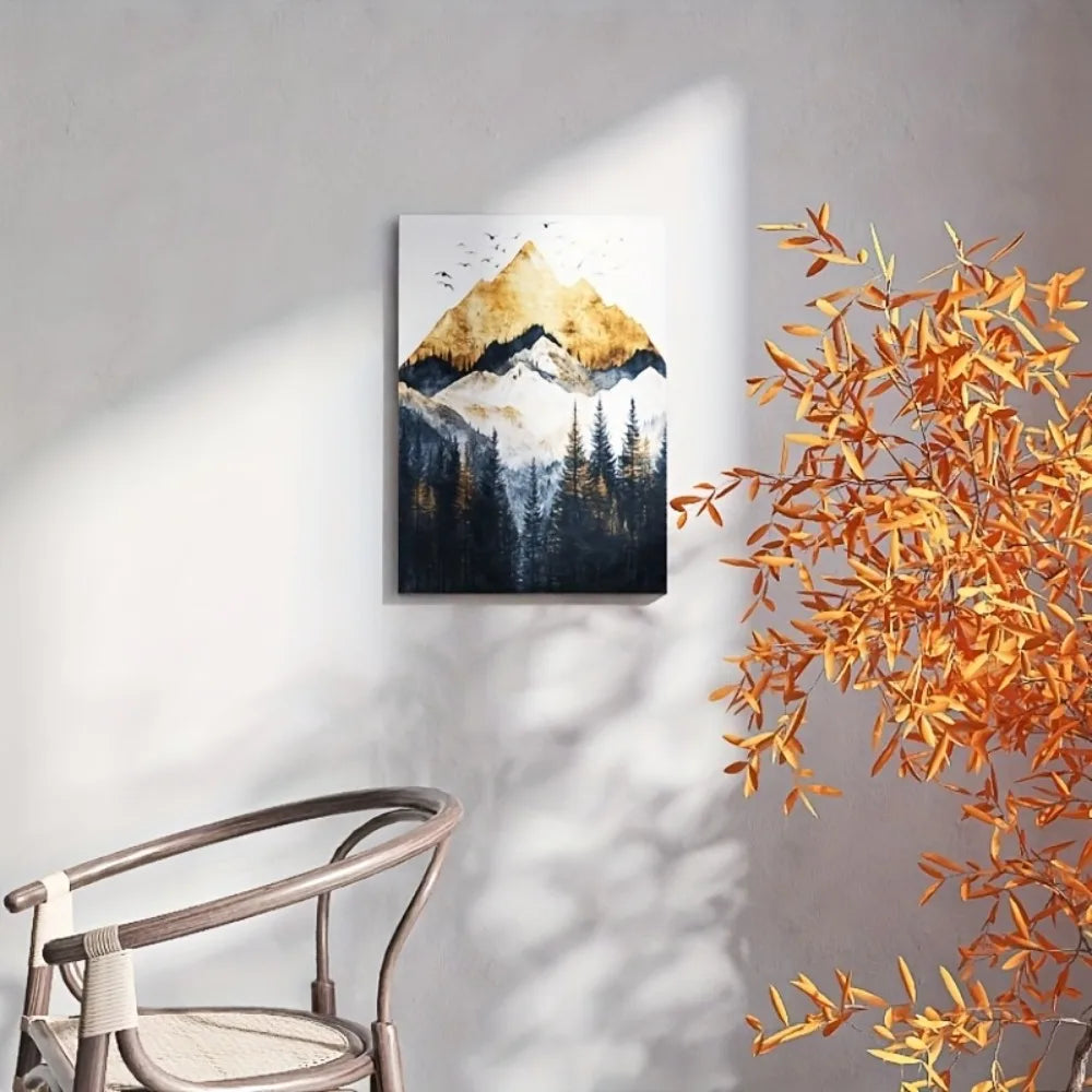 Golden mountains, snow-capped peaks, with black and grey forest trees, suitable for interior decoration