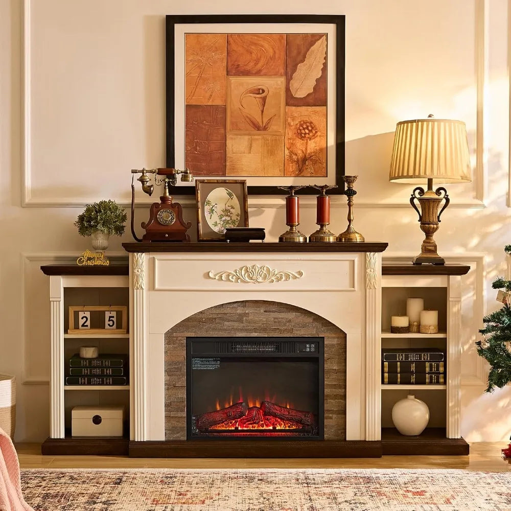 Electric Fireplace with Mantel, White TV Stand for TVs Up to 80 Inch, Farmhouse Entertainment Center with Storage for Bedroom
