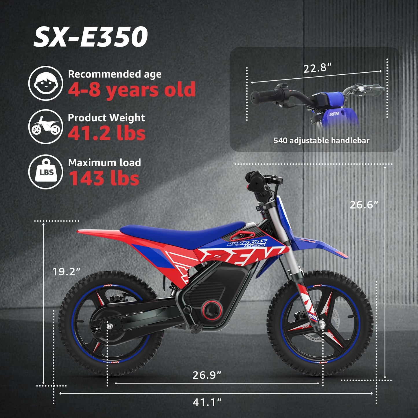 RFN E350 36V Kids Electric Dirt Bike, Electric Motorcycle with 500W | 15.5 mph Max Speed, 15.5-Mile & 3 Speeds Off-Rad （Black）