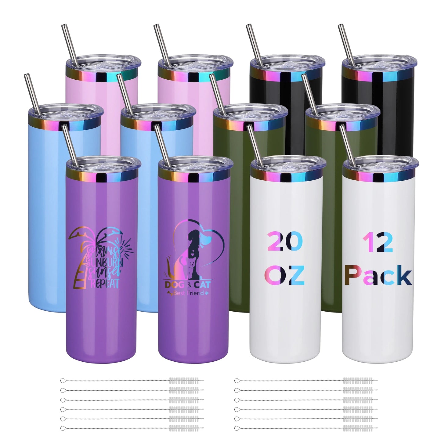 12 Pack 20oz Stainless Steel Skinny Tumblers, Gloss Powder Coated- Rainbow Color Plated Insulated Tumbler with Lid And Straw