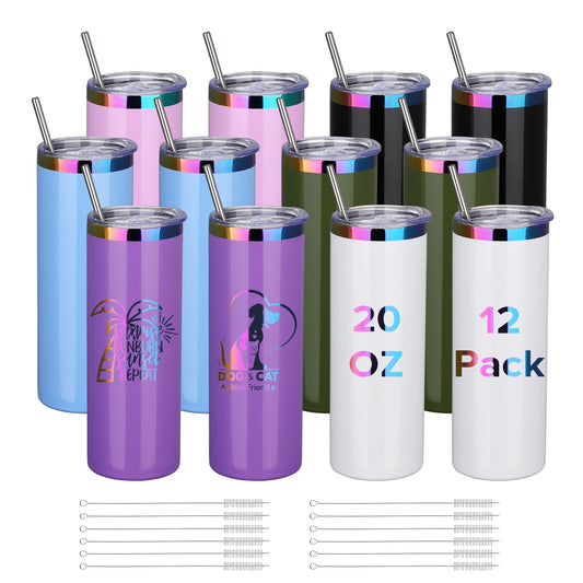 12 Pack 20oz Stainless Steel Skinny Tumblers, Gloss Powder Coated- Rainbow Color Plated Insulated Tumbler with Lid And Straw