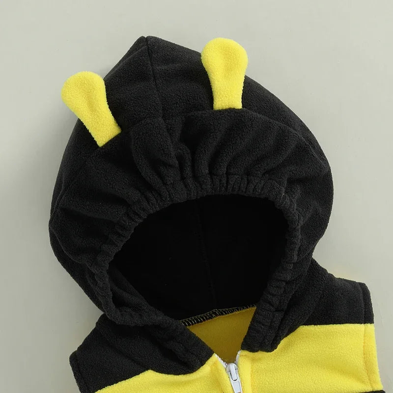 VISgogo 0-24 Months Baby Bee Costume Halloween Party Sleeveless Stripes Hooded Romper Long Socks Newborn Costume Outfit